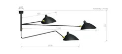 Ceiling Lamp w/2 Fixed Arms & 1 Curved Rotating Arm af Serge Mouille<Editions Serge Mouille Best