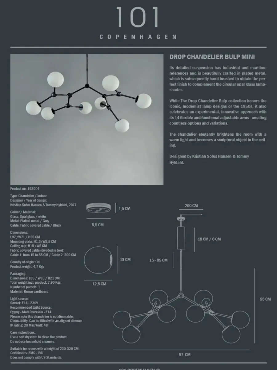 Drop Bulp Chandelier, mini grey fra<101 Copenhagen Clearance