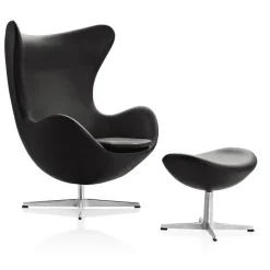 Ægget, Sort Grace læder, med returdrej inkl. skammel af Arne Jacobsen<Fritz Hansen New