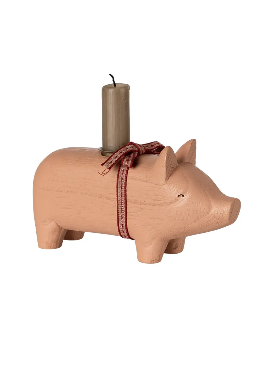 Trælysestage, Gris - Medium - Rosa fra<Maileg Discount